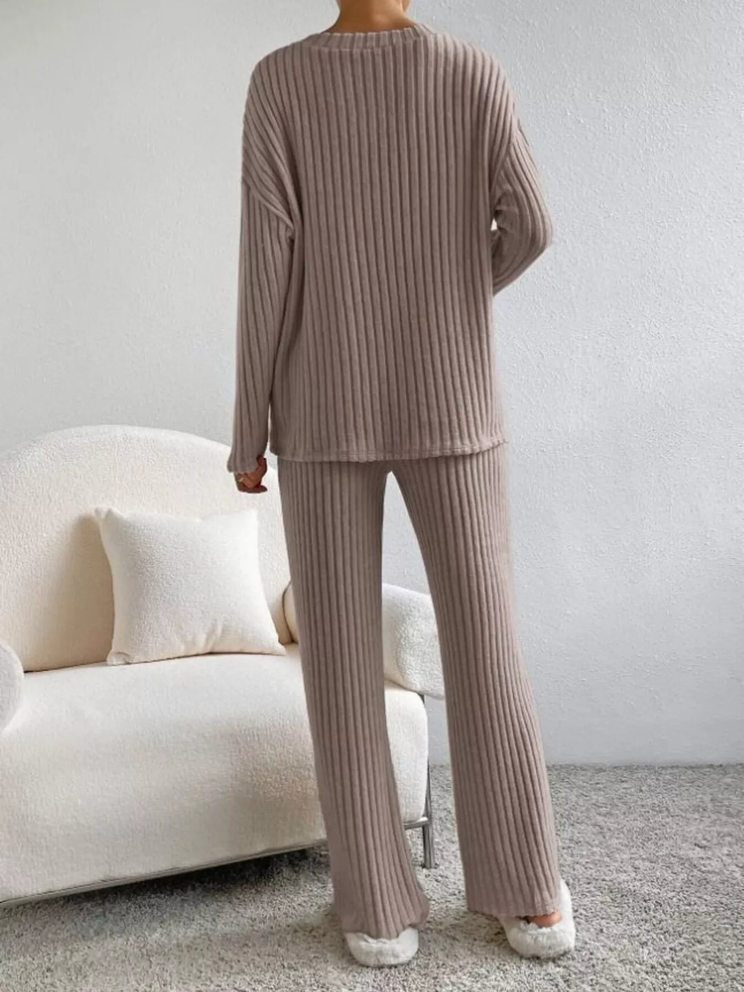 Ribbed Knit V-Neck Top and Pants Set