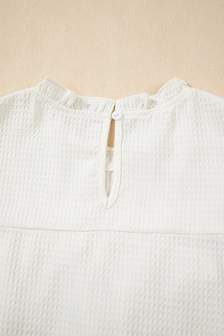 Solid Color Ruffle Trim Waffle Knit Blouse
