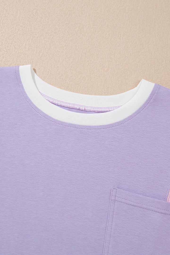 Purple Color Block Patchwork Half Sleeve Oversized T Shirt