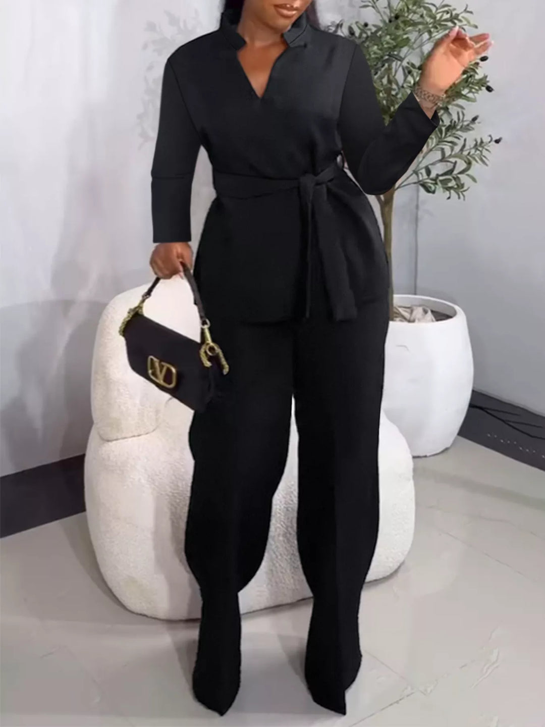 Tie-Waist Long Sleeve Top and Pants Set