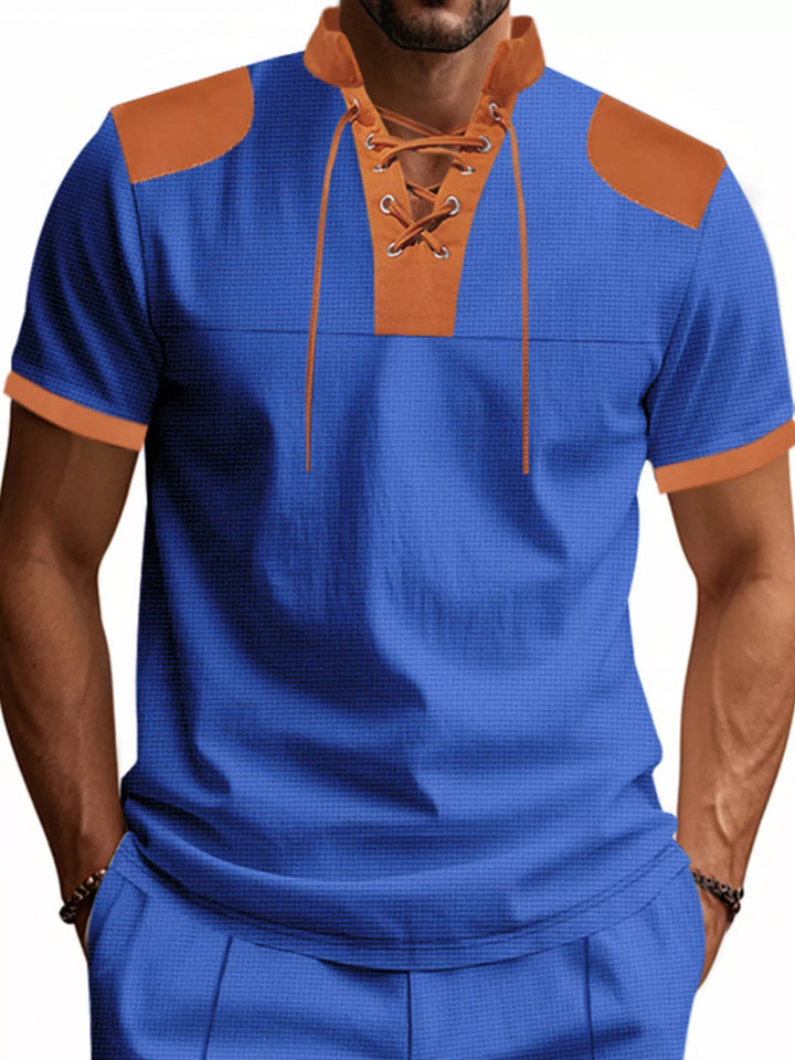 Men's Full Size Lace-Up Neckline Short Sleeve T-Shirt Plus Size