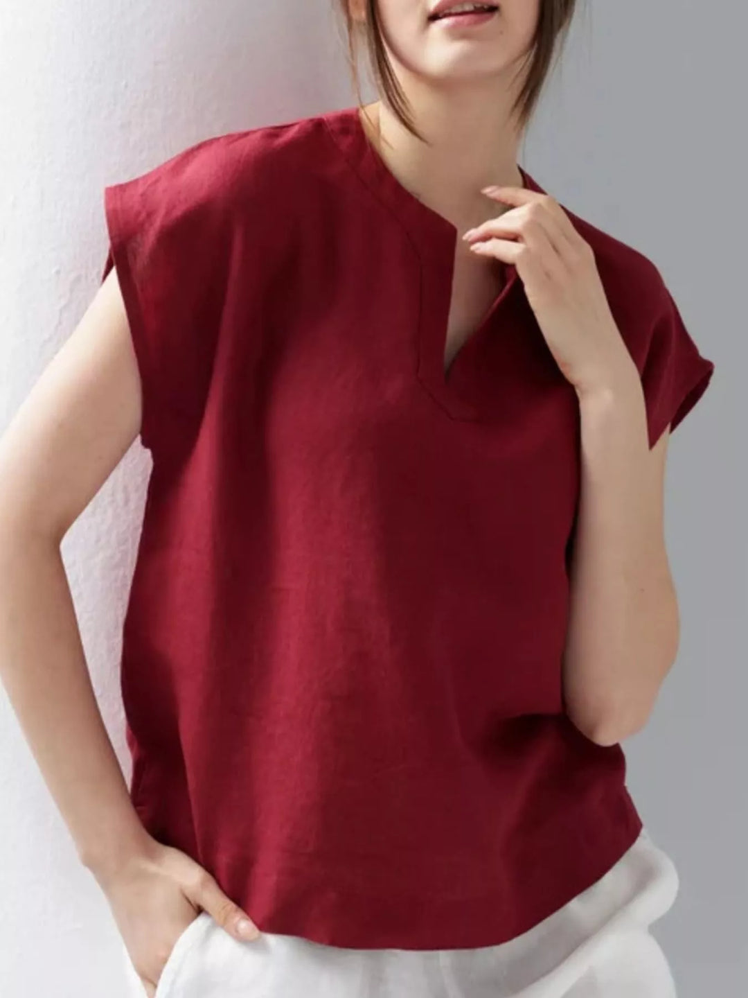 Notched Cap Sleeve Blouse