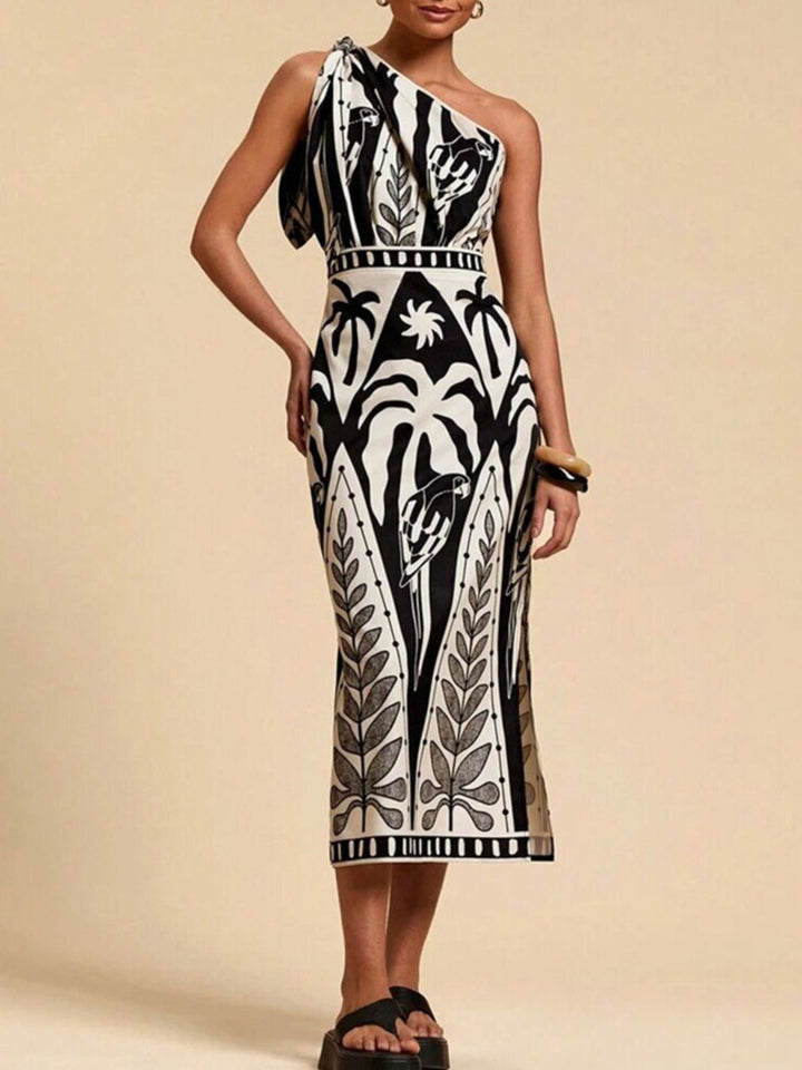 One-Shoulder Tropical Print Midi Dress