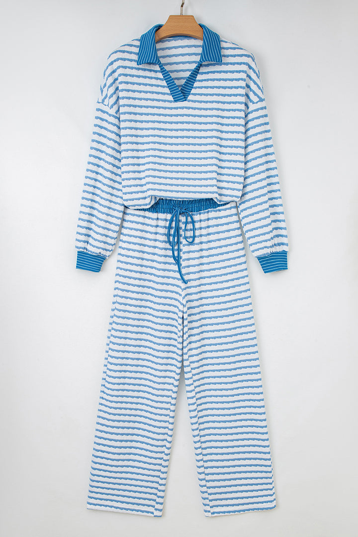 Sky Blue Stripe Collared Pullover Top and Drawstring Pant Set