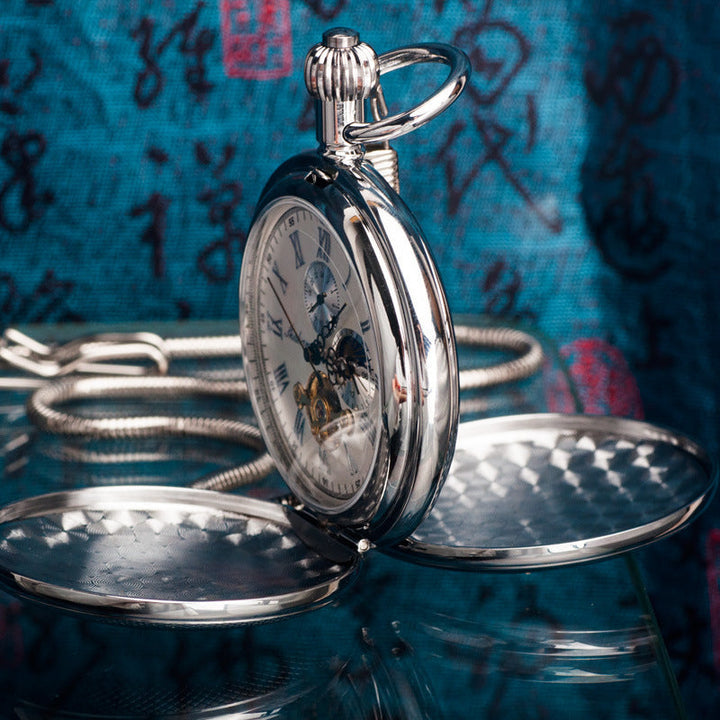 Pure Copper Double-Opening Flip-Top Mechanical Pocket Watch Sun Moon And Stars