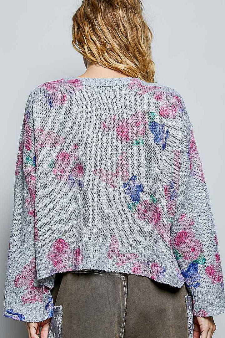 POL Ribbed Butterfly Print Round Neck Knit Top