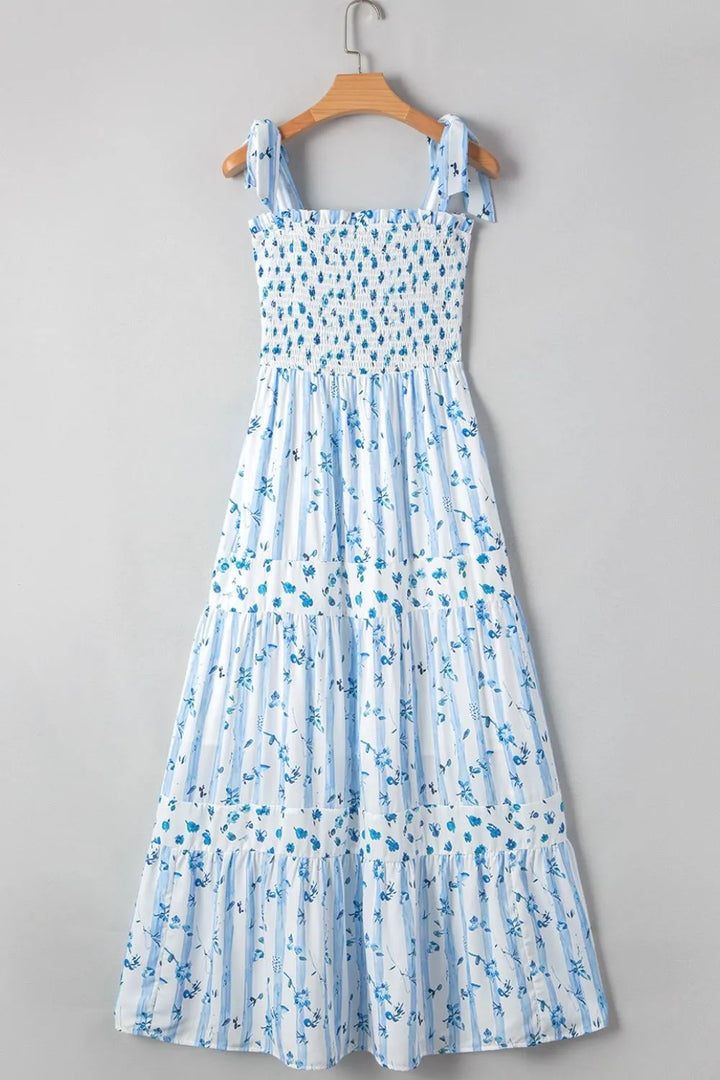 Floral Smocked Tied Straps A-Lined Tiered Dress