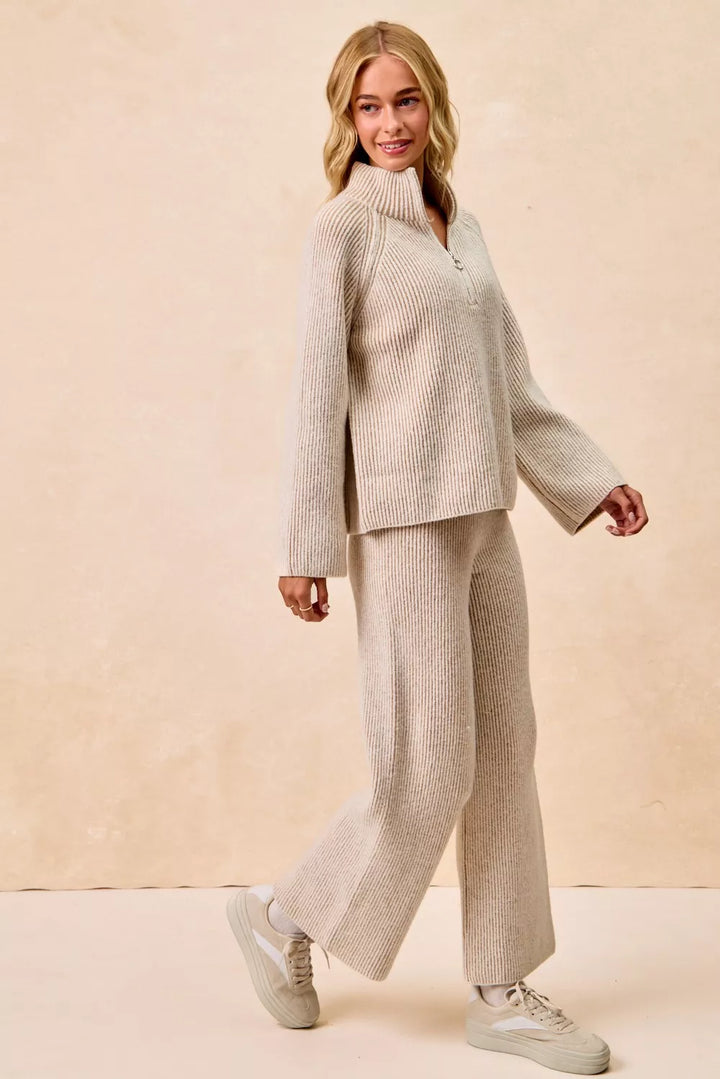 BiBi Two Tone Rib Texured Knit Collared Top with Zip Up