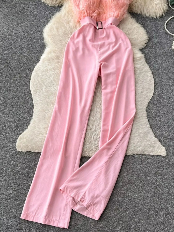 Feather Trim Strapless Wide Leg Jumpsuit