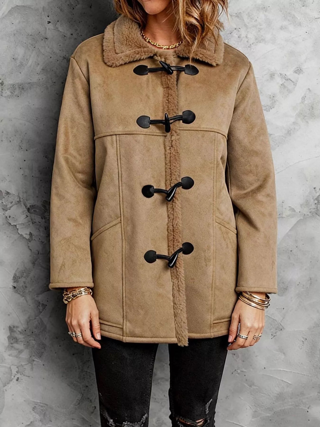 Faux Suede Sherpa Lined Toggle Coat
