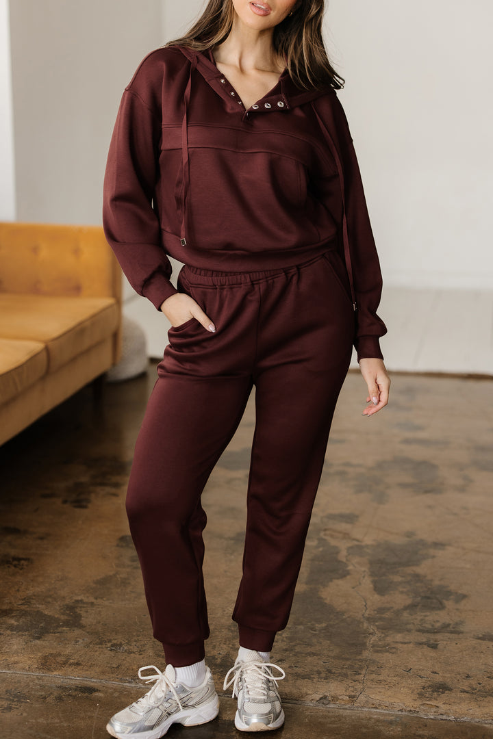 Chicory Coffee Button Drawstring Cropped Hoodie Jogger 2pcs Set