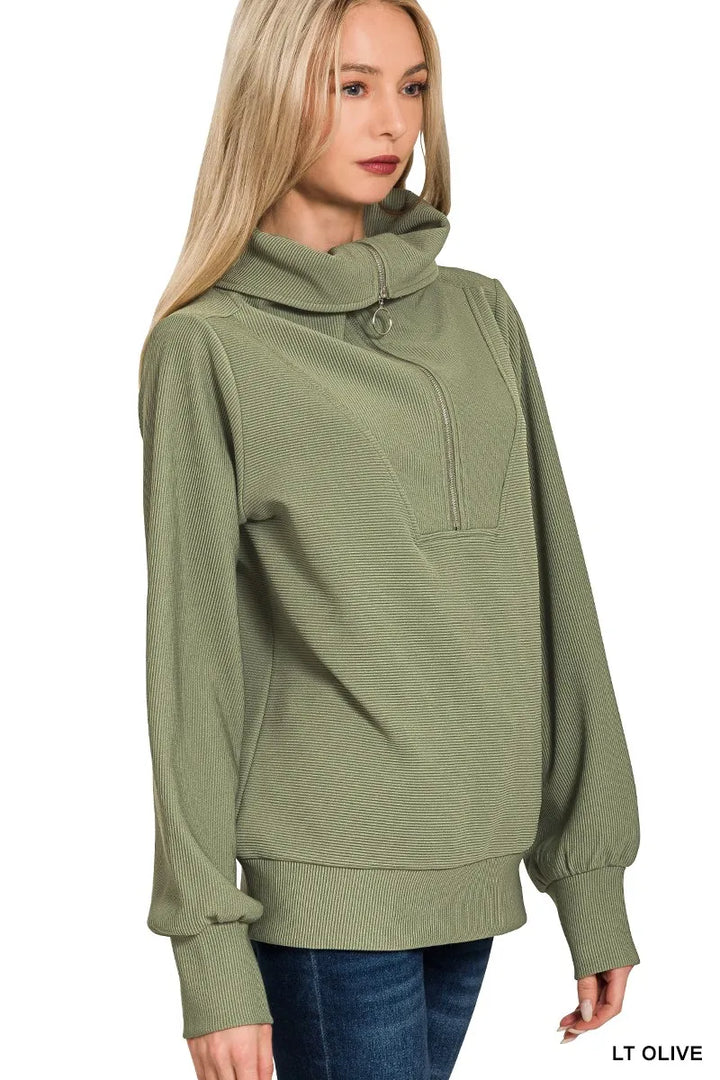 Zenana Ribbed High Neck Half Zip Pullover & Pants Set