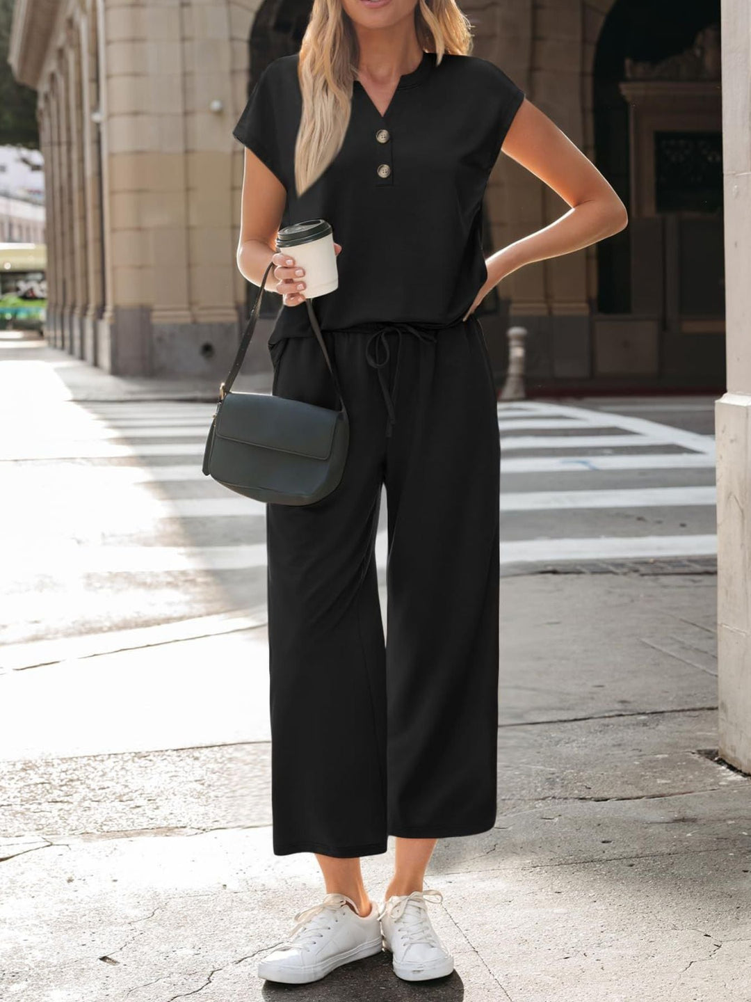 Notched Short Sleeve Top and Pants Set