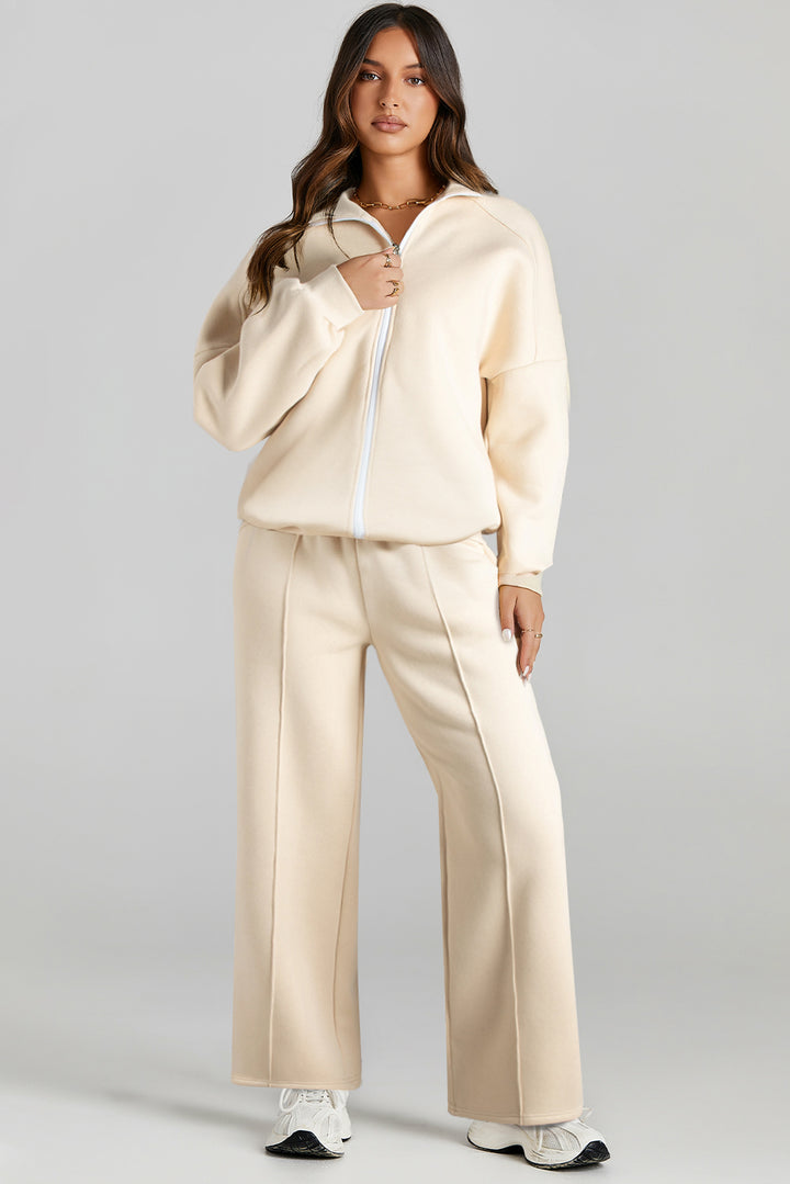 Beige Drop Shoulder Zip Up Jacket Drawstring Pants Active 2pcs Set