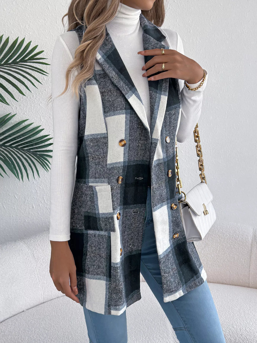 Plaid Double-Breasted Vest Coat