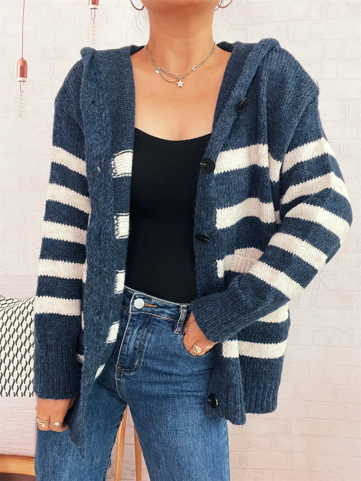 Striped Button-Up Hooded Cardigan
