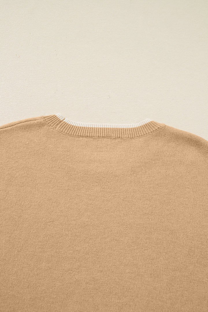 Tan Plus Size Leopard Bow Decor Split Cuffs Loose Sweater