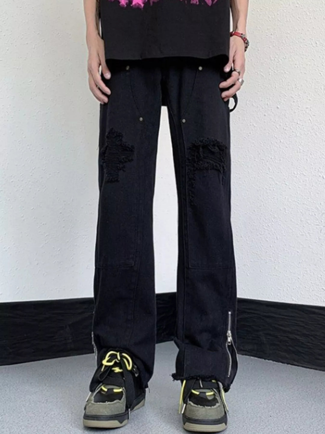 Men's Distressed Raw Hem Wide Leg Jeans