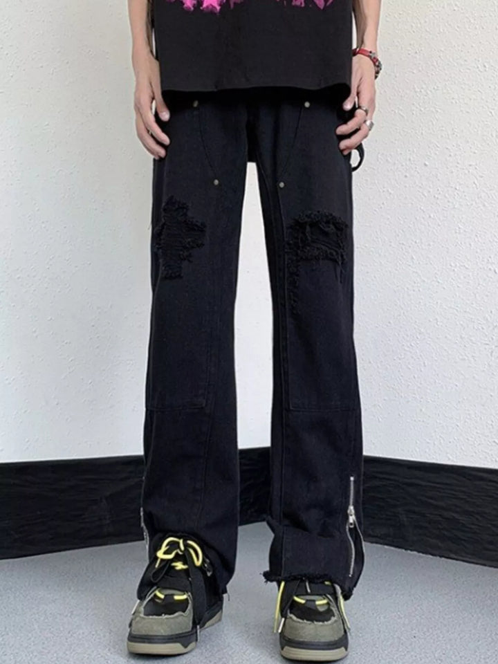 Men's Distressed Raw Hem Wide Leg Jeans