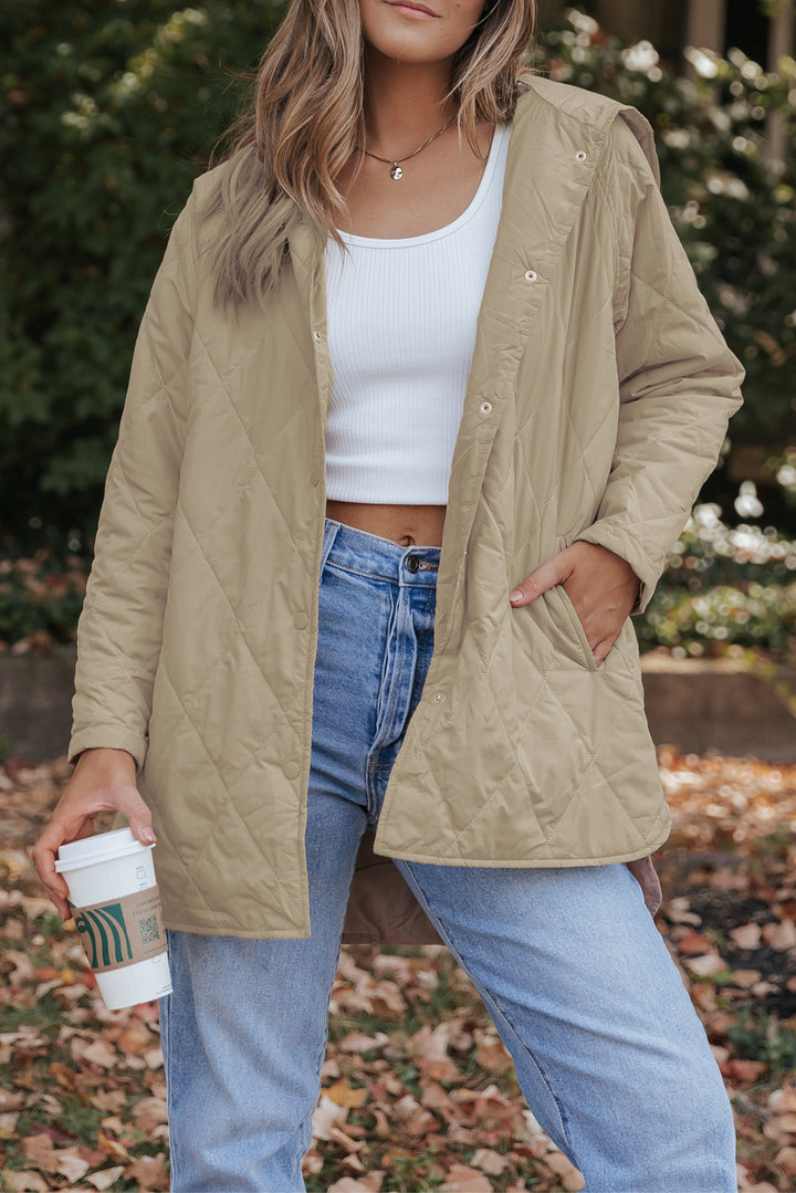 Khaki Quilted Snap Button Hooded Puffer Coat