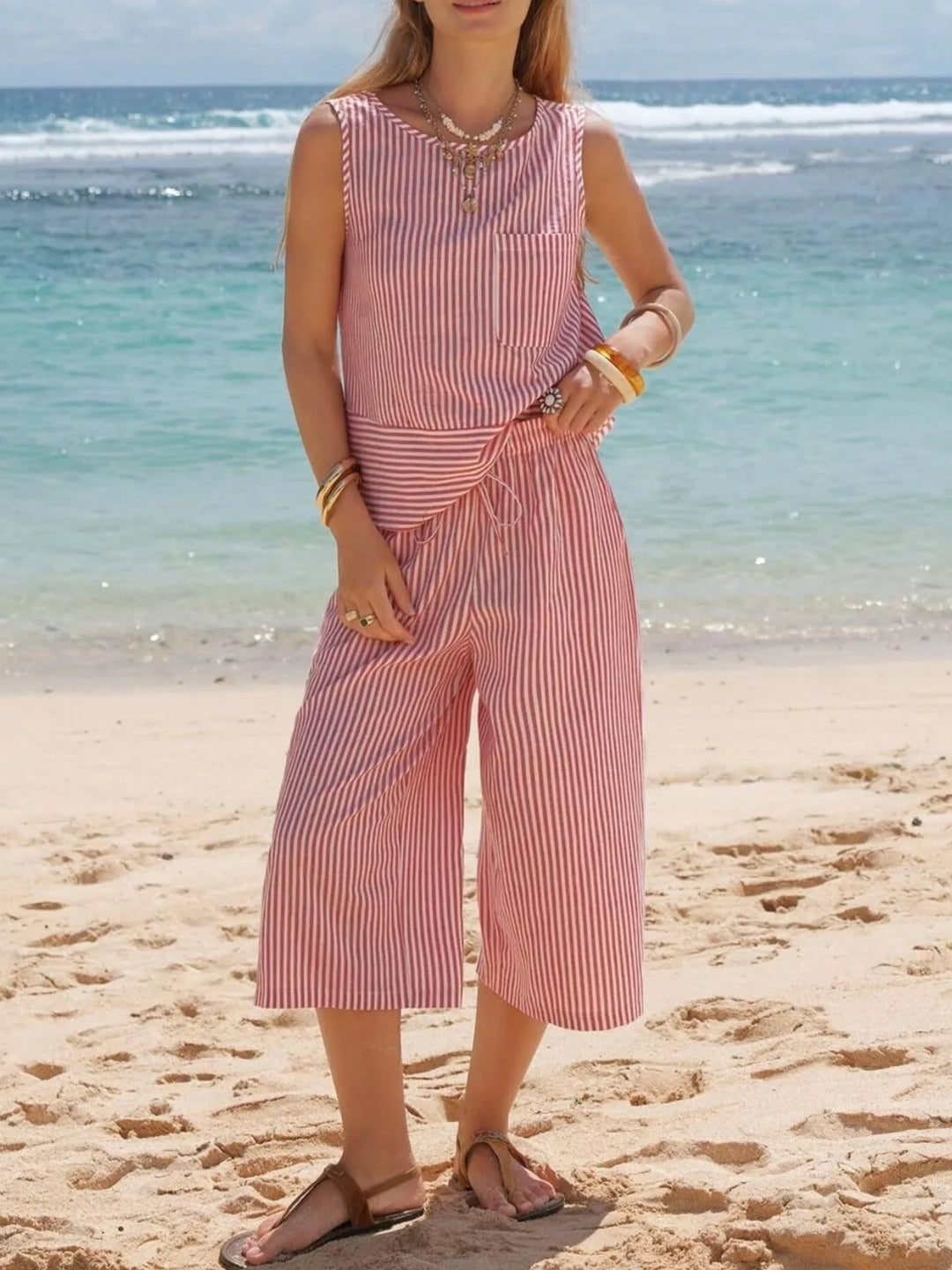 Striped Sleeveless Top and Cropped Pants Set