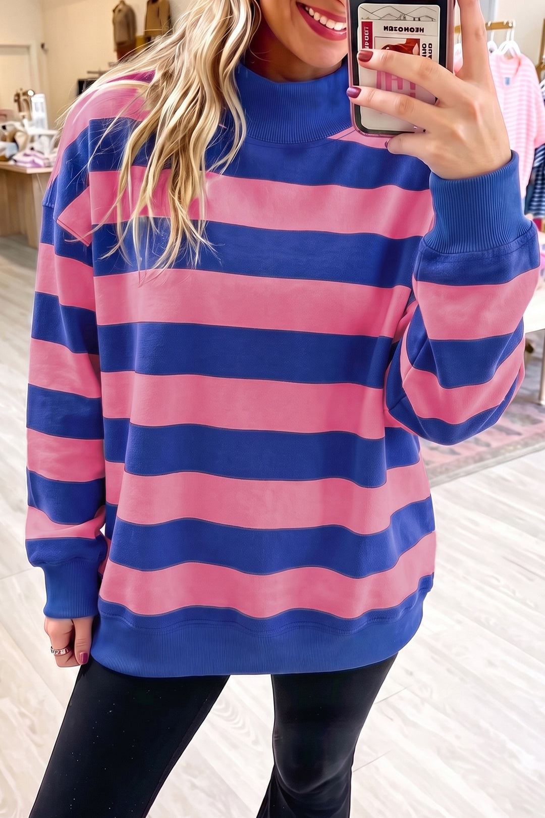 Blue Stripe Colorblock Mock Neck Relaxed Sweatshirt