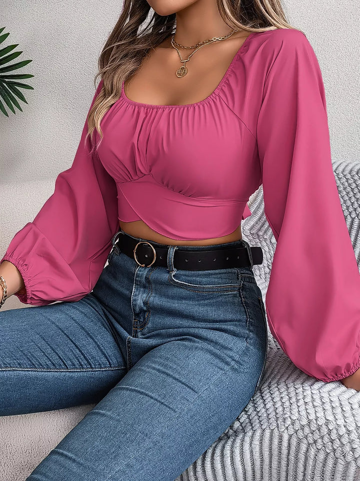 Scoop Neck Balloon Sleeve Cropped Blouse