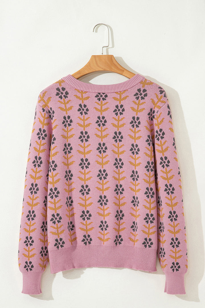 Pink Floral Button Down Ribbed Banded Cardigan Sweater