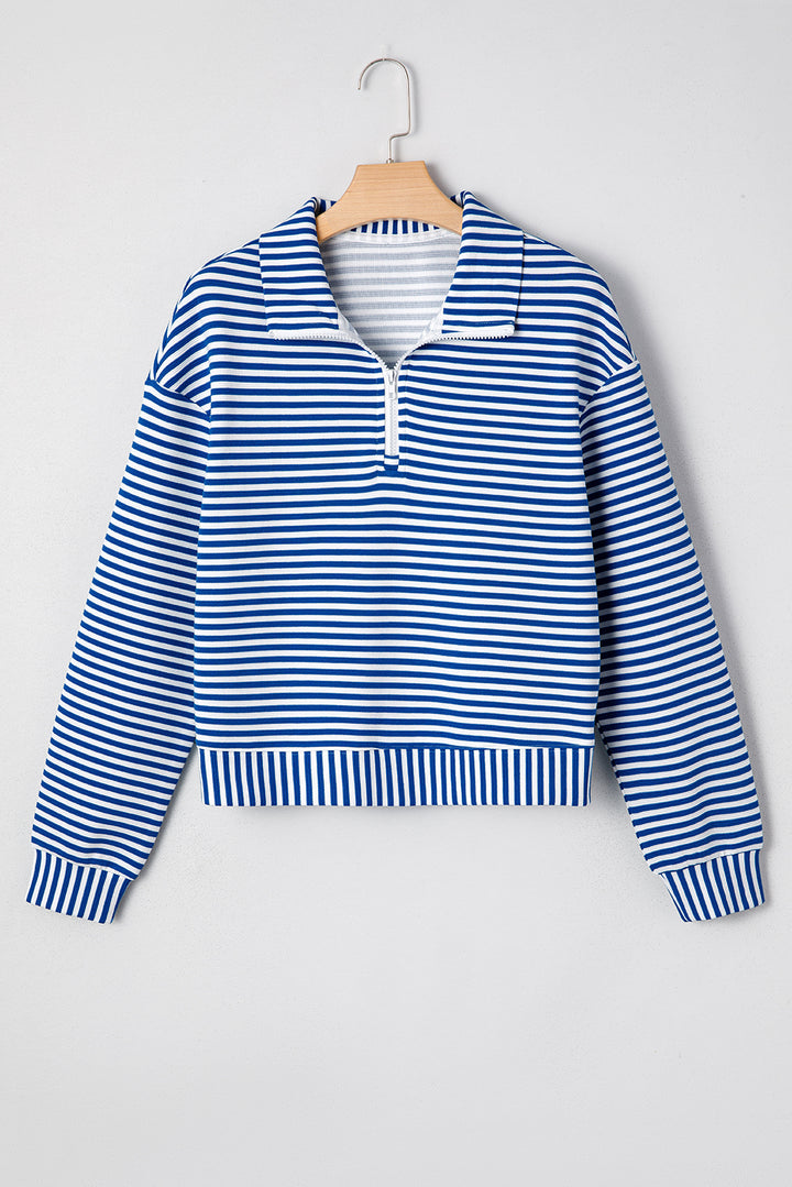 Blue Stripe Quarter Zip Collar Pullover Long Sleeve Top