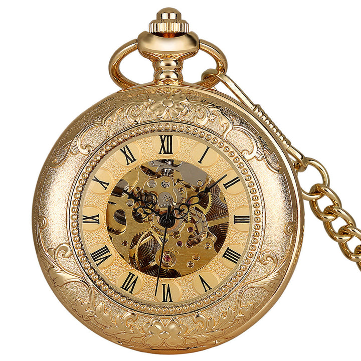 Retro Gold Hollow Out Roman Manual Mechanical Large Pocket Watch Chain Watch