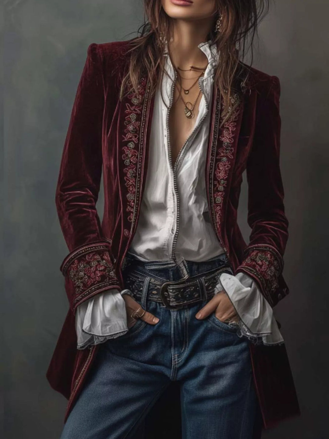 Embroidered Velvet Long Sleeve Outerwear