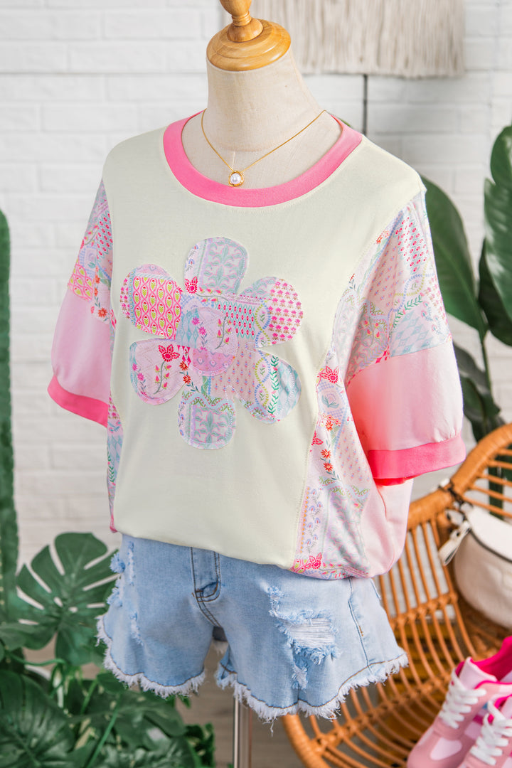 Beige Color Block Floral Patchwork Big Flower Accent Relaxed Top