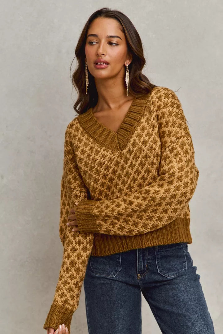 SO ME Color Block Textured Christmas Sweater V Neck Top