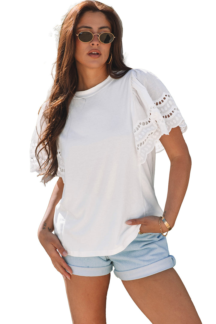 White Hollow Out Embroidered Short Sleeve O Neck Top