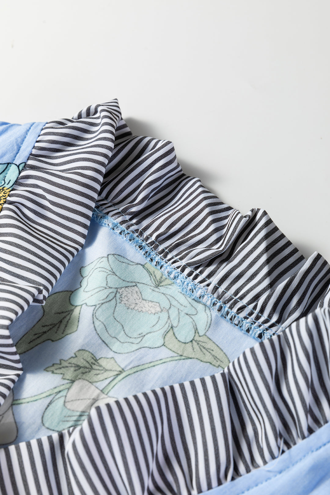 Sky Blue Floral Print Contrast Striped Trim Ruffled V Neck Fall Blouse