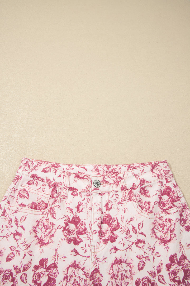 Pink Vintage Floral Print Denim Shift Pants