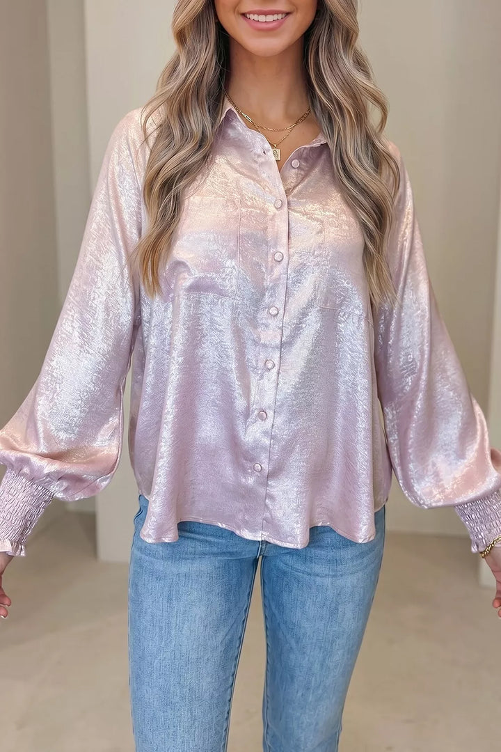 Long Sleeve Button Front Ruffle Cuffs Back Paneling Shirt