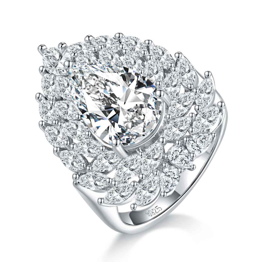 S925 Sterling Silver 4ct Pear Moissanite Ring, D-VVS1 Double Halo Setting, Platinum Plated 8.9g US Sizes 5-9, GRA Certified Gift Box