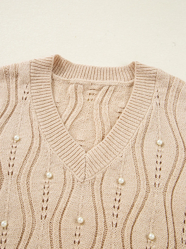 Pearl Beaded Pointelle Knit V Neck Lace Patchwork Sleeve Sweater
