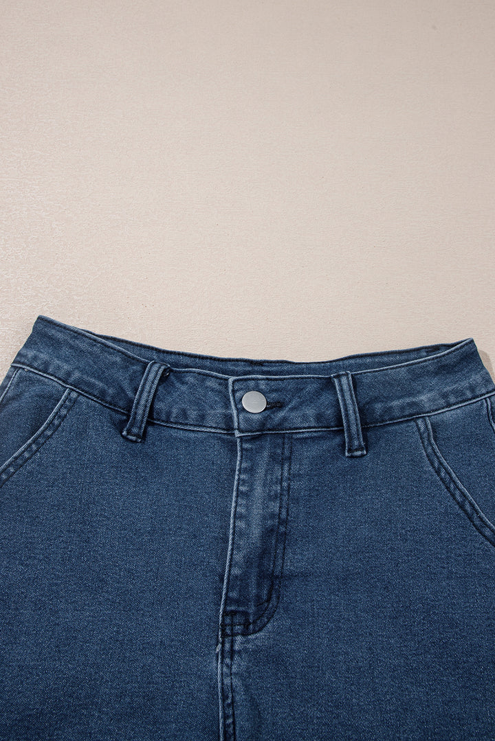 Sail Blue Scalloped Hemline Acid Wash High Waist Denim Shorts