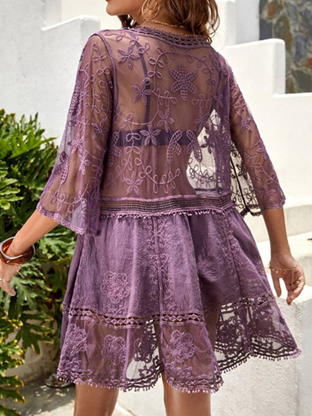 Semi-Sheer Lace Detail Beach Cover-Up Dress