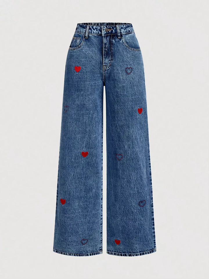 Embroidered Heart Wide-Leg Jeans