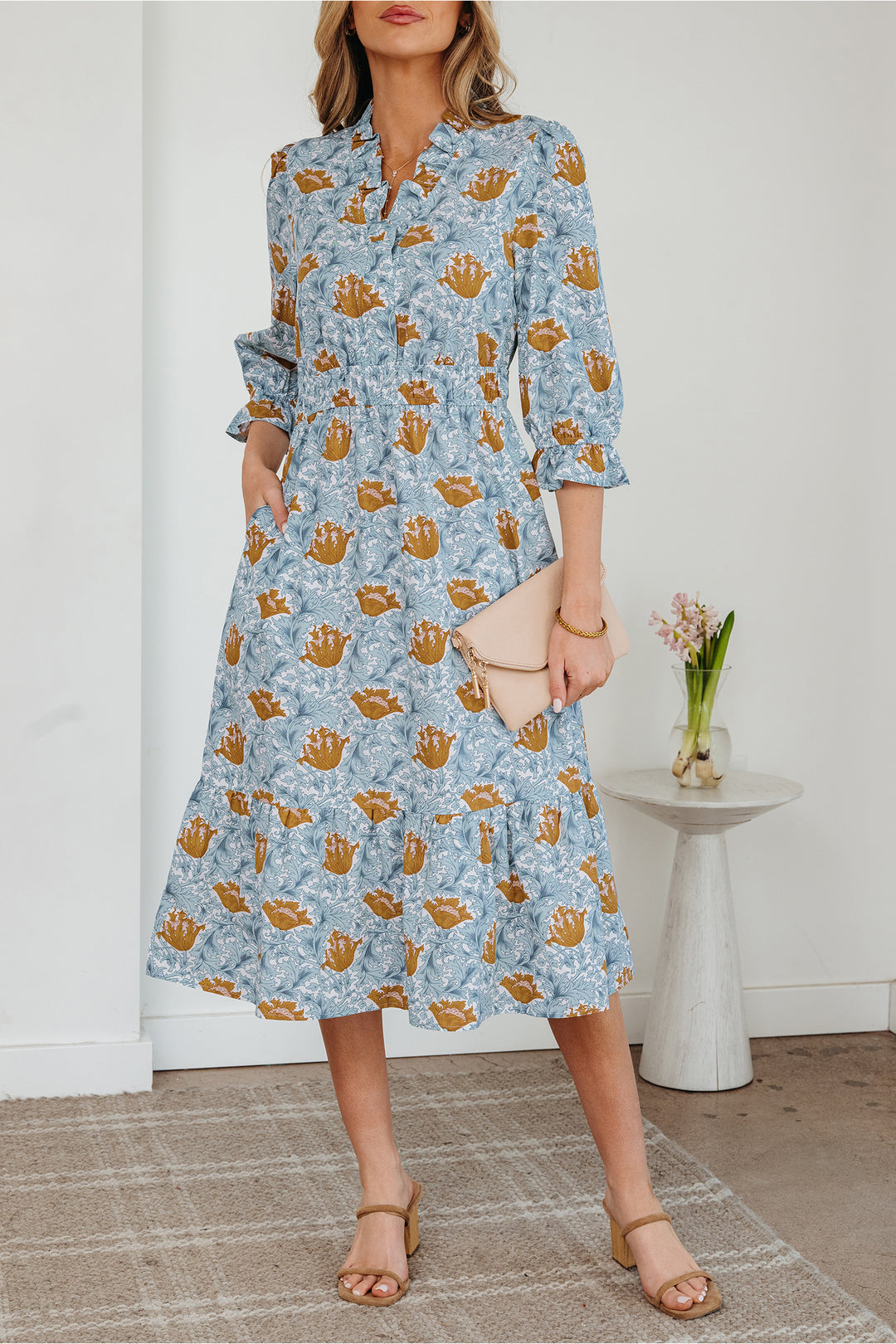 Brown Floral Printed Frilled V Neck Bracelet Sleeve Long Dress