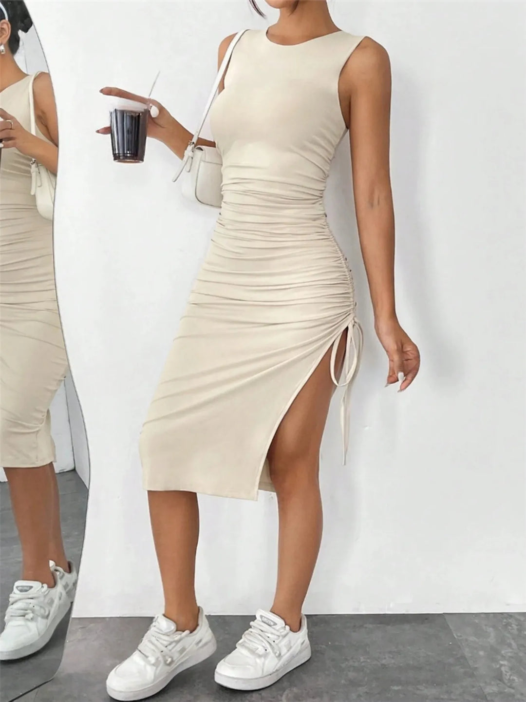 Sleeveless Ruched Bodycon Midi Dress with Side Drawstring