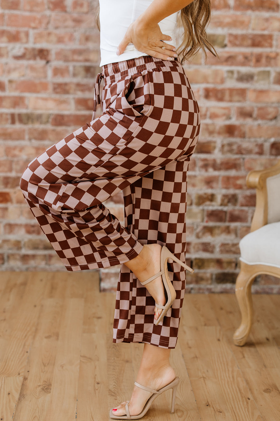 Khaki Checkered Elastic High Waist Loose Casual Pants