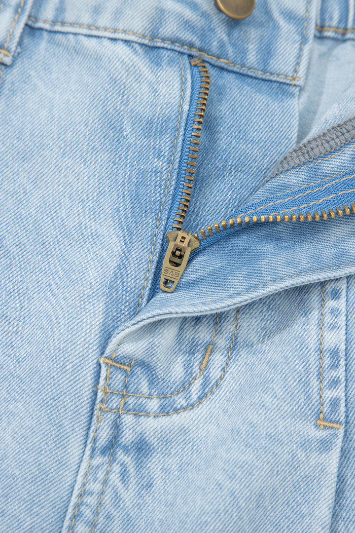 Beau Blue Studded Side Slit Leg Frayed Pocketed Wide Leg Jeans