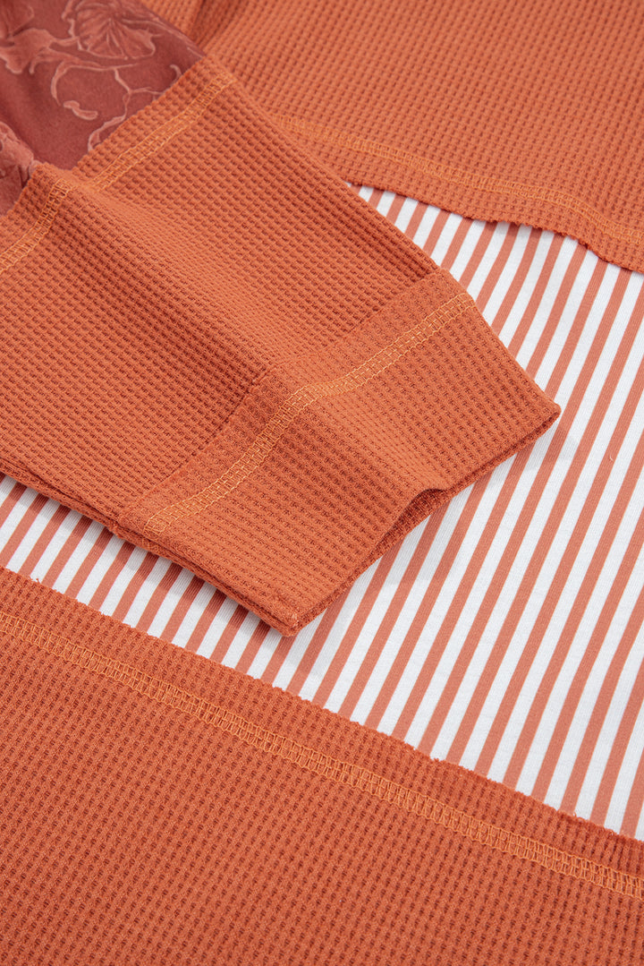 Cinnamon Waffle Printed Patchwork Drawstring Hooded Long Sleeve Top