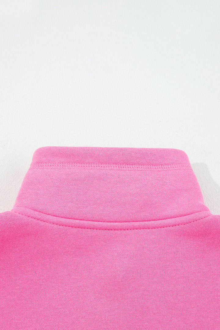 Bright Pink Half Button Stand Neck Drop Shoulder Sweatshirt