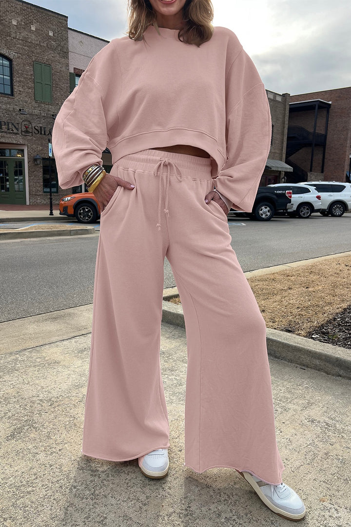 Light Pink Drop Shoulder Puff Sleeve Crop Pullover Drawstring Wide Leg Pants Set
