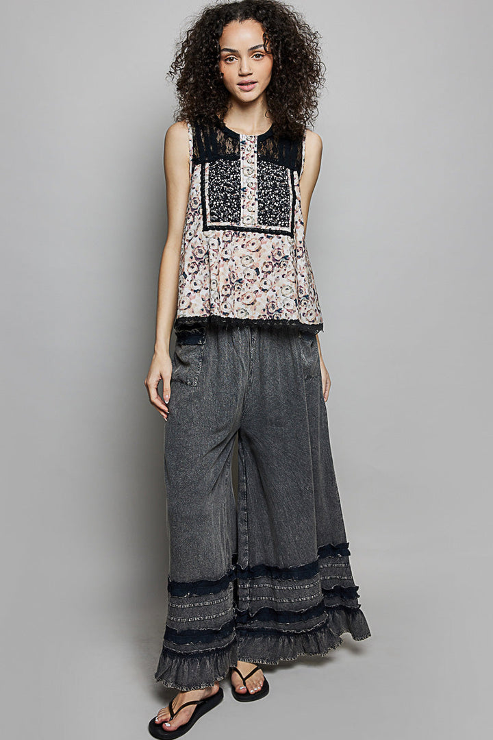 POL Printed Woven Lace Back Round Neck Sleeveless Top